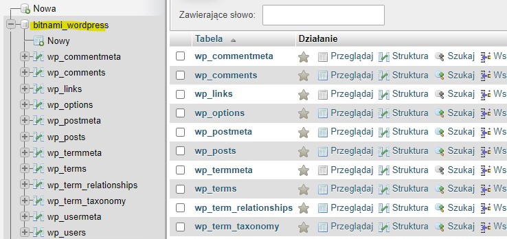 zaznacz bazę danych phpmyadmin