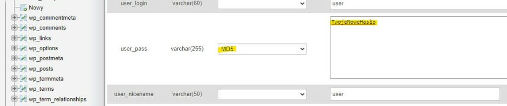 zmiana hasła w bazie danych za pomocą panelu phpMyAdmin